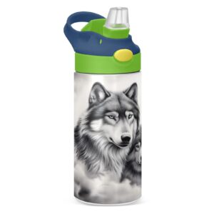 kigai gray wolf kids insulated water bottle with straw - stainless steel travel tumbler double wall vacuum leak proof kids cup hot for school boys girls
