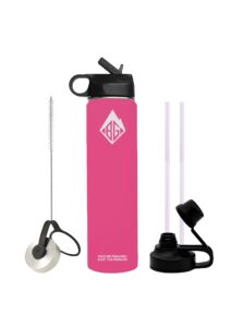 blazin goods 24oz stainless steel, leak proof, vacuum insulated stainless steel, double walled water bottle | 3 lids, 2 straws, 1 wire cleaning brush (pink)