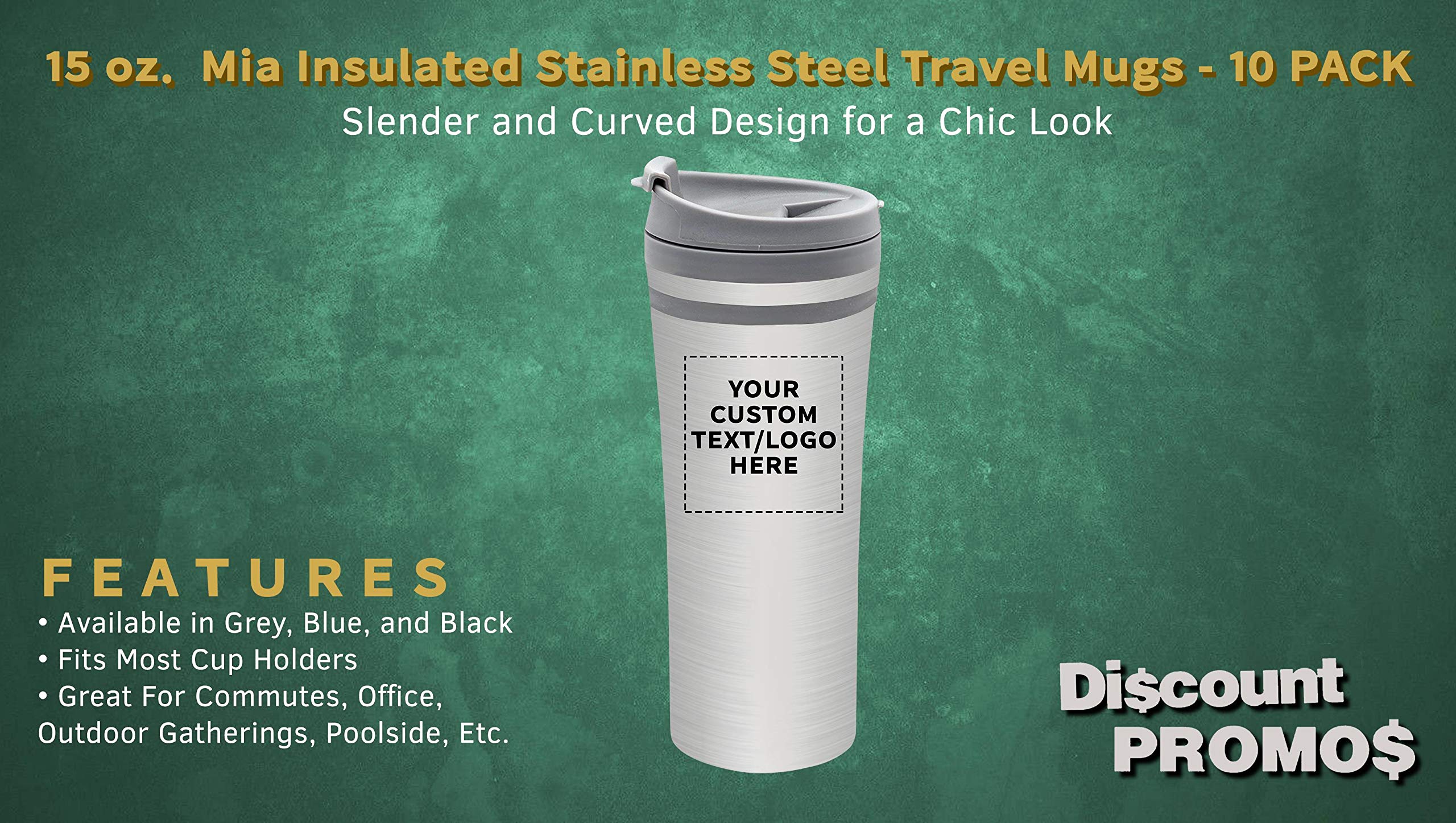 Personalized 15 oz. Mia Insulated Stainless Steel Travel Mugs - 10 pack Custom Text, Logo - Grey