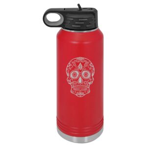 mip brand 32 oz. double wall vacuum insulated stainless steel water bottle tumbler travel mug sugar candy skull (red)