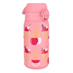ion8 kids water bottle, steel 400 ml/13 oz, leak proof, easy to open, secure lock, dishwasher safe, flip cover, carry handle, easy clean, durable, scratch resistant, raised print, ice creams design