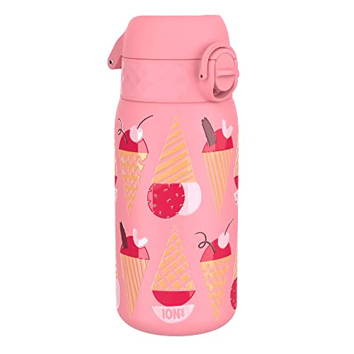 Ion8 Kids Water Bottle, Steel 400 ml/13 oz, Leak Proof, Easy to Open, Secure Lock, Dishwasher Safe, Flip Cover, Carry Handle, Easy Clean, Durable, Scratch Resistant, Raised Print, Ice Creams Design