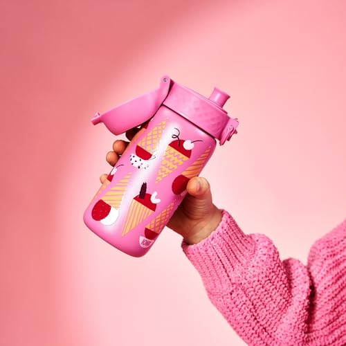 Ion8 Kids Water Bottle, Steel 400 ml/13 oz, Leak Proof, Easy to Open, Secure Lock, Dishwasher Safe, Flip Cover, Carry Handle, Easy Clean, Durable, Scratch Resistant, Raised Print, Ice Creams Design