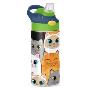 cute kittens water bottle with straw lid for kids, insulated stainless steel thermoses for school boys girls, 12oz