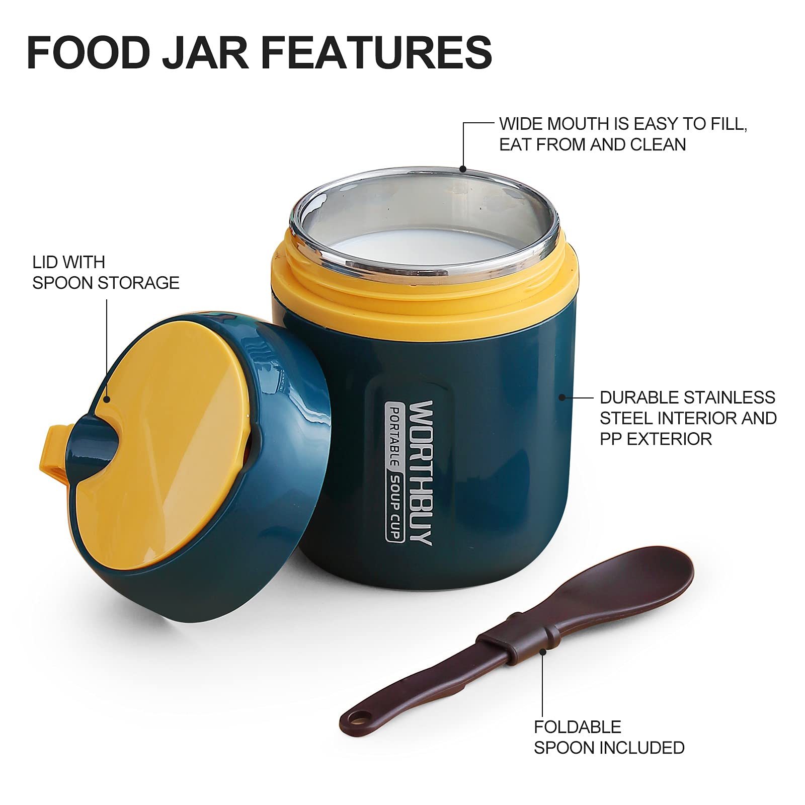 WORTHBUY Leak Proof Thermal Insulated Food Jar with Foldable Spoon, Lunch Containers Soup Cup for Kids and Adult, 16oz Capacity - Blue