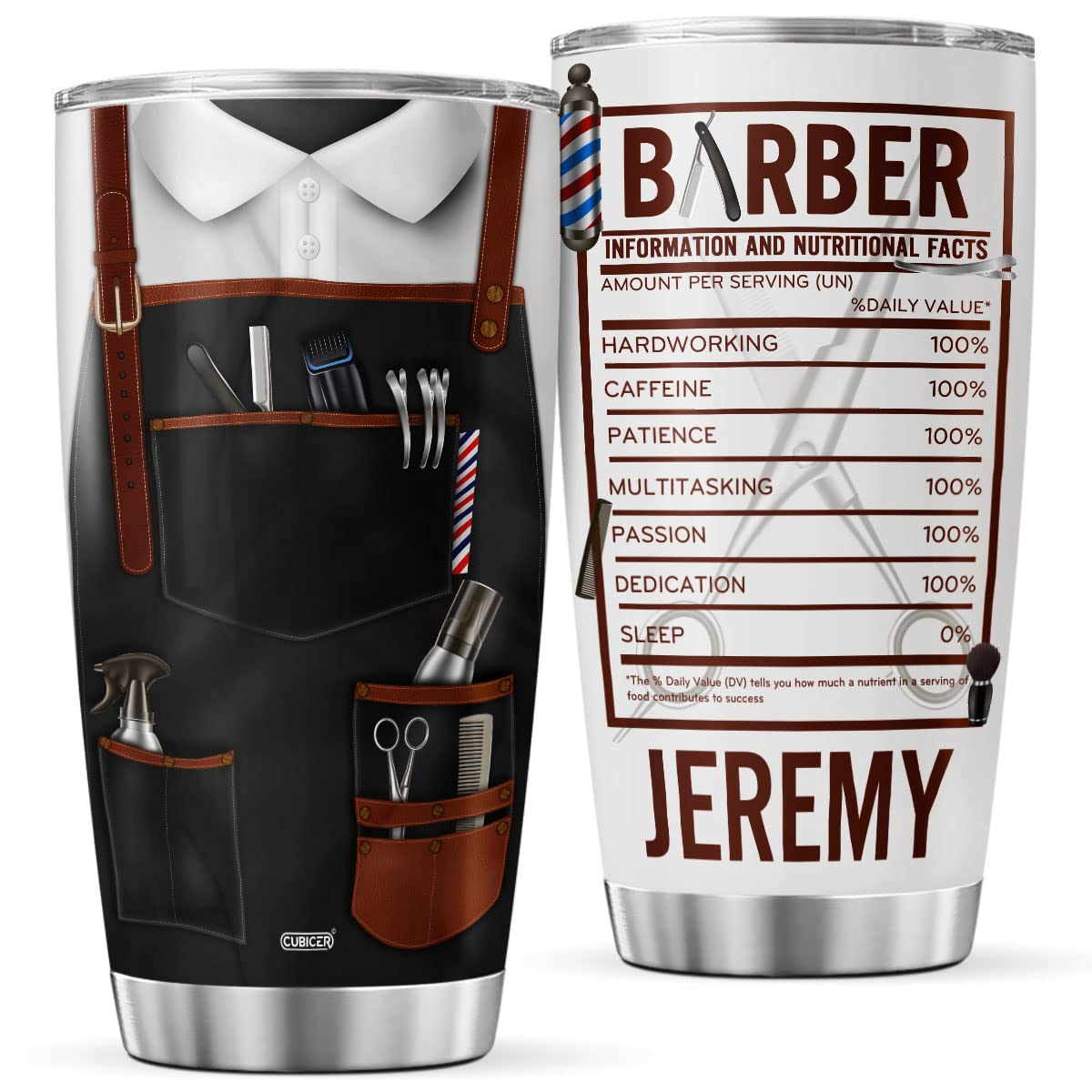 CUBICER Personalized Coffee Tumbler Barber Custom Name Funny Birthday Gifts For Men Dad Adults Friends Travel Mug With Lid Nutrition Facts Cold Steel Cups Insulated Mugs Hot Drink