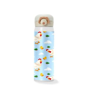 kids water bottle white chicken blue sky stainless steel travel mug for school lunch vacuum insulated cups flask with locking push-button lid (17 oz)