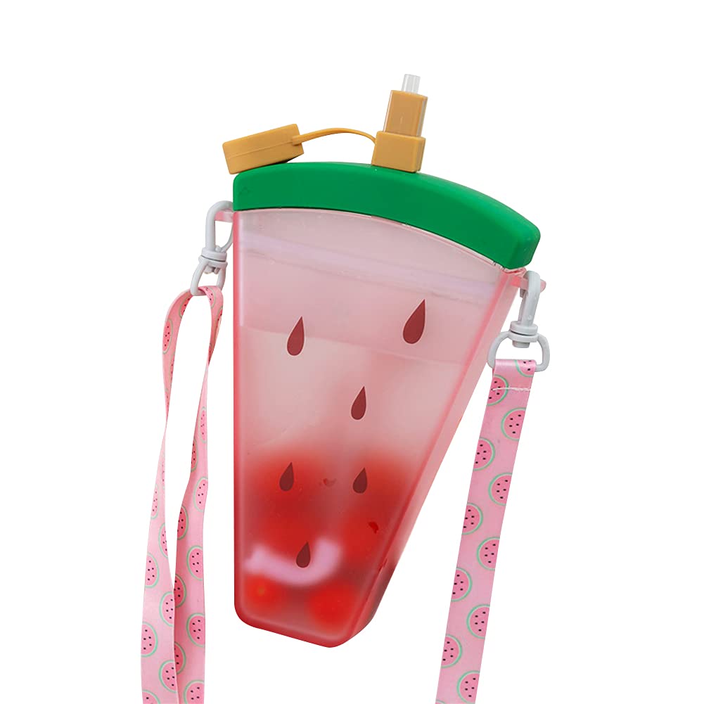 1 Pieces Cute Ice Cream Water Bottles with Strap Kawaii Drinking Bag Ice Bar Transparent Leakproof Plastic Jug Cup Drink Water for Camping Sports Shopping Kids Girls 320ml- Watermelon