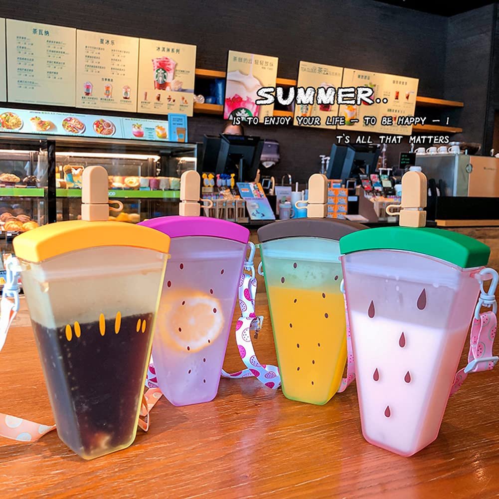 1 Pieces Cute Ice Cream Water Bottles with Strap Kawaii Drinking Bag Ice Bar Transparent Leakproof Plastic Jug Cup Drink Water for Camping Sports Shopping Kids Girls 320ml- Watermelon