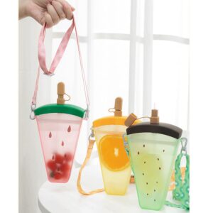 1 Pieces Cute Ice Cream Water Bottles with Strap Kawaii Drinking Bag Ice Bar Transparent Leakproof Plastic Jug Cup Drink Water for Camping Sports Shopping Kids Girls 320ml- Watermelon