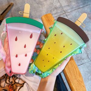 1 Pieces Cute Ice Cream Water Bottles with Strap Kawaii Drinking Bag Ice Bar Transparent Leakproof Plastic Jug Cup Drink Water for Camping Sports Shopping Kids Girls 320ml- Watermelon