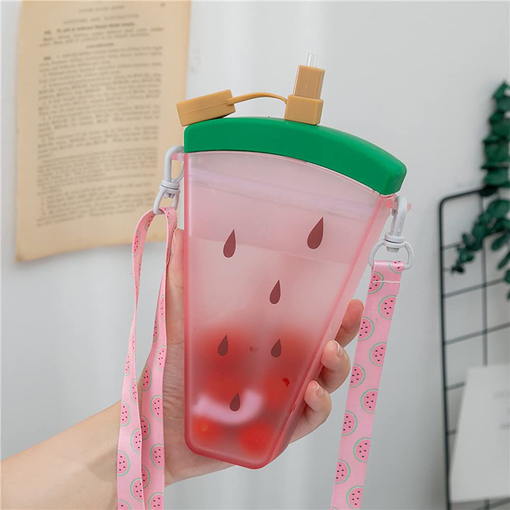 1 Pieces Cute Ice Cream Water Bottles with Strap Kawaii Drinking Bag Ice Bar Transparent Leakproof Plastic Jug Cup Drink Water for Camping Sports Shopping Kids Girls 320ml- Watermelon