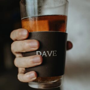 custom leather pint glass sleeve for beer. drink sleeve. beer sleeve.