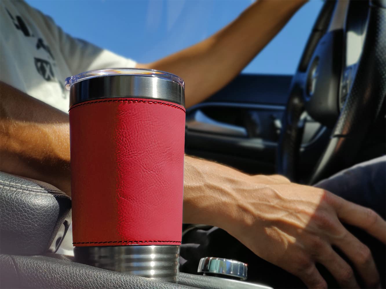 LaserGram 20oz Vacuum Insulated Tumbler Mug, Flat Bed Tow Truck, Personalized Engraving Included (Faux Leather, Red)