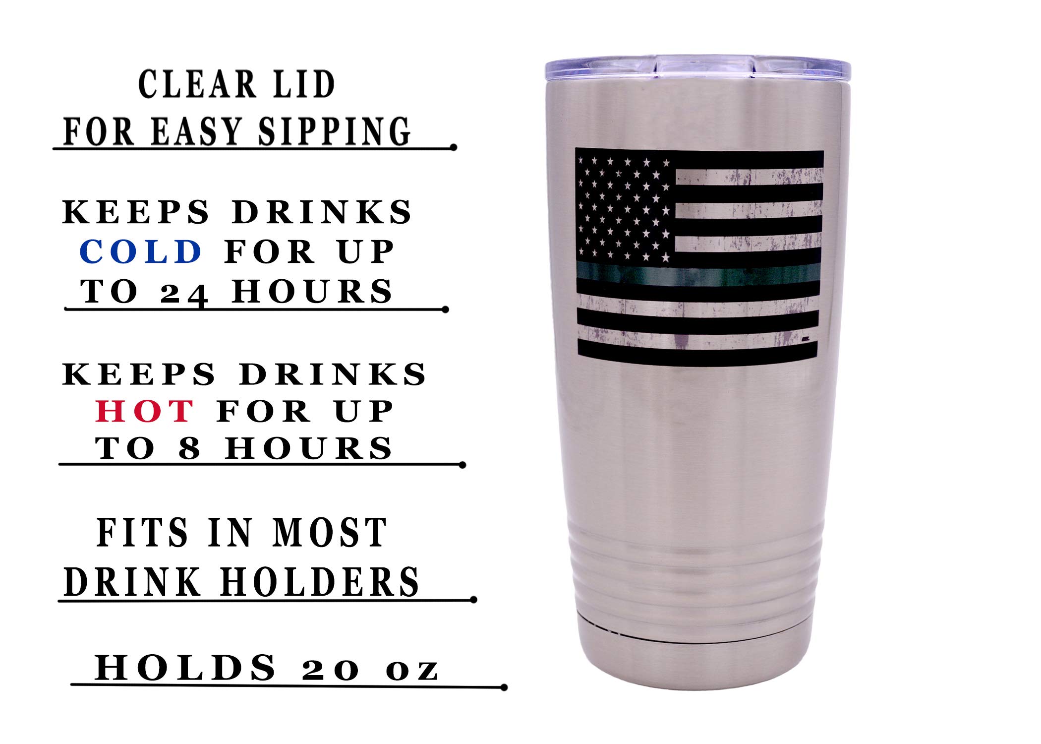 Rogue River Tactical Thin Green Line Flag Large 20 Ounce Stainless Steel Travel Tumbler Mug Cup Military Federal Law Enforcement Border Patrol Game Warden Park Ranger