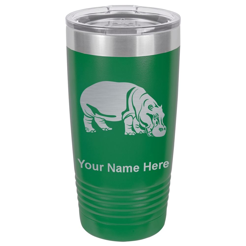LaserGram 20oz Vacuum Insulated Tumbler Mug, Hippopotamus, Personalized Engraving Included (Green)