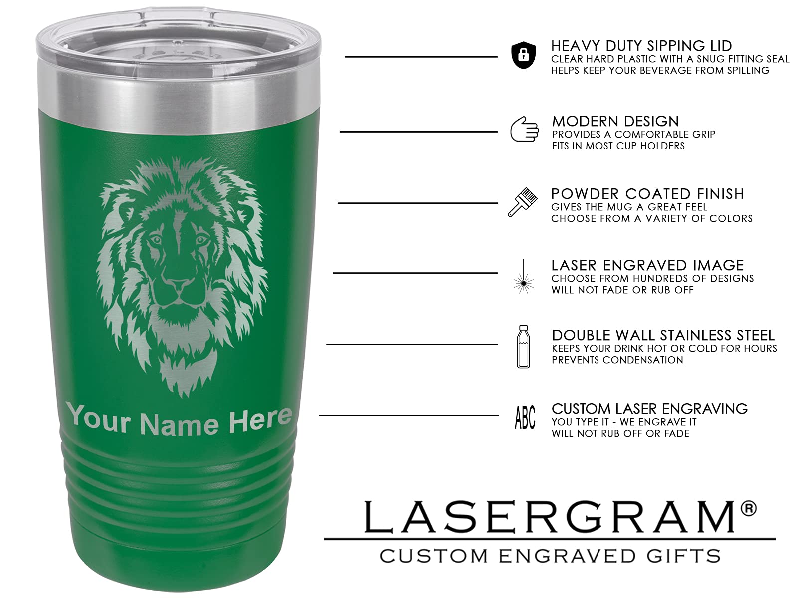 LaserGram 20oz Vacuum Insulated Tumbler Mug, Hippopotamus, Personalized Engraving Included (Green)
