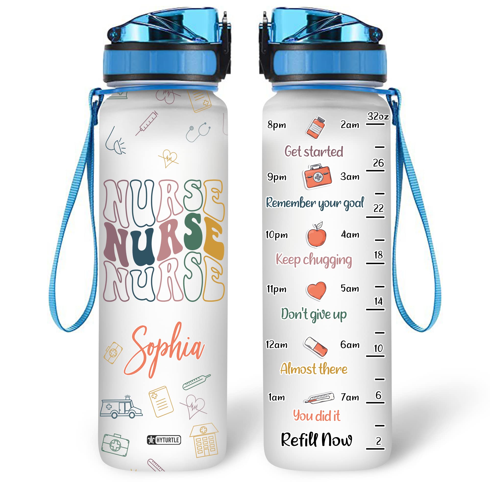 Hyturtle Personalized Nurse Stethoscope 32Oz Liter Motivational Water Bottle, Customized Name With Time Marker, Appreciation Gifts For Women Nurse Coworkers On Birthday Nurse's Day