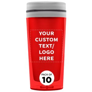 custom insulated double wall travel tumbler with lid 16 oz. set of 10, personalized bulk pack - perfect for iced coffee, soda, other hot & cold beverages - red