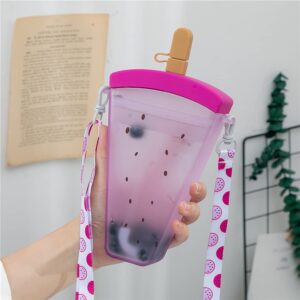 creative dragon fruit straw water bottle plastic water bottle cute ice cream shape water cup anti-fall water jug kawaii juice cup with adjustable shoulder strap universal for adult children, 320ml