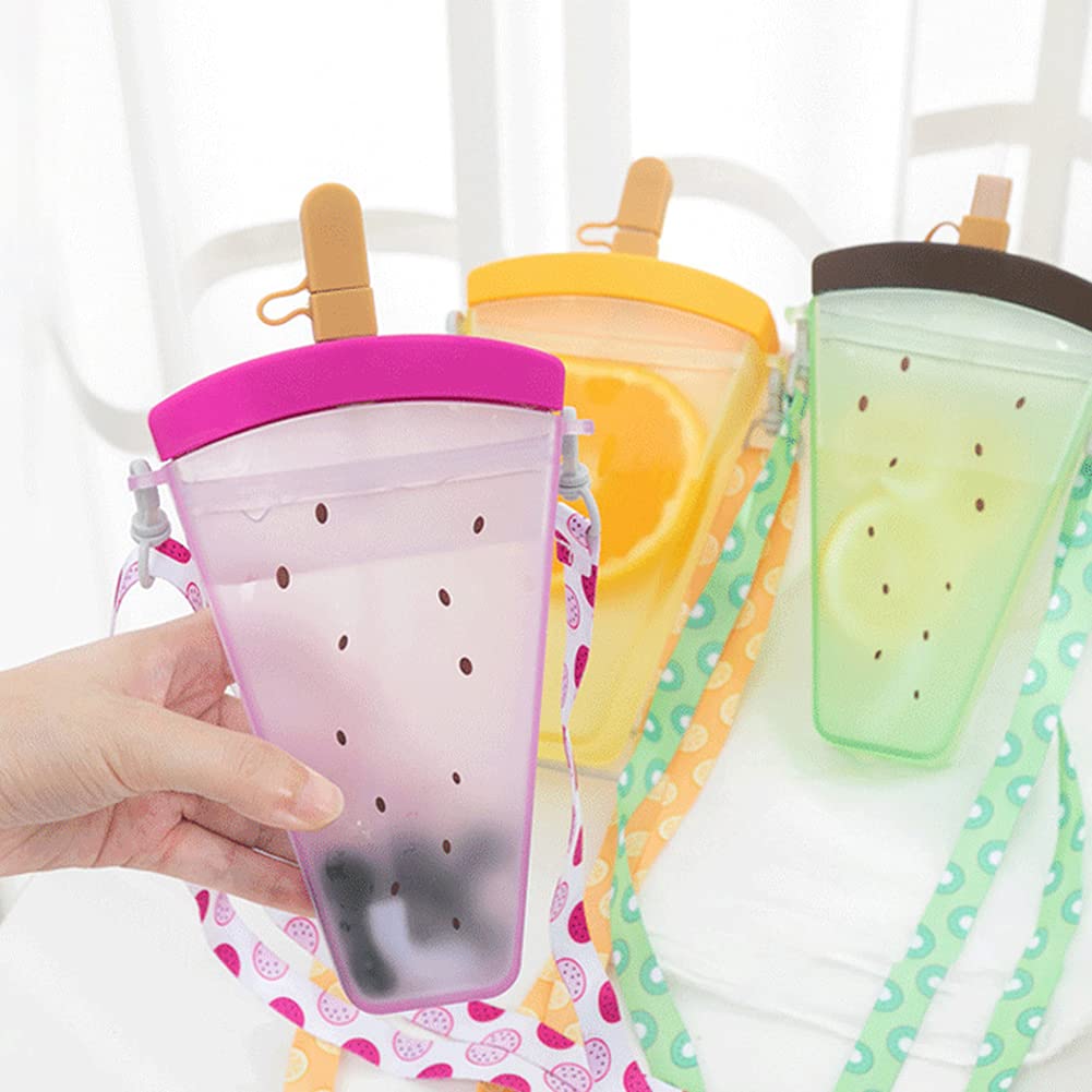 Creative Dragon Fruit Straw Water Bottle Plastic Water Bottle Cute Ice Cream Shape Water Cup Anti-Fall Water Jug Kawaii Juice Cup with Adjustable Shoulder Strap Universal for Adult Children, 320ml