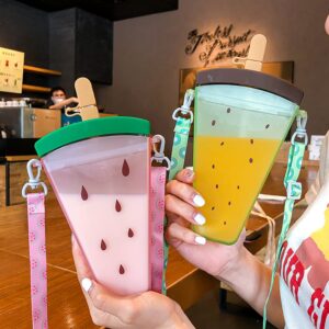 Creative Dragon Fruit Straw Water Bottle Plastic Water Bottle Cute Ice Cream Shape Water Cup Anti-Fall Water Jug Kawaii Juice Cup with Adjustable Shoulder Strap Universal for Adult Children, 320ml