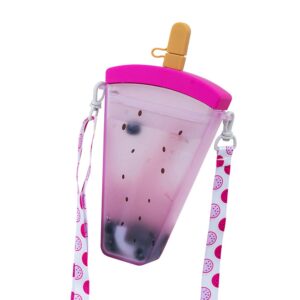 Creative Dragon Fruit Straw Water Bottle Plastic Water Bottle Cute Ice Cream Shape Water Cup Anti-Fall Water Jug Kawaii Juice Cup with Adjustable Shoulder Strap Universal for Adult Children, 320ml