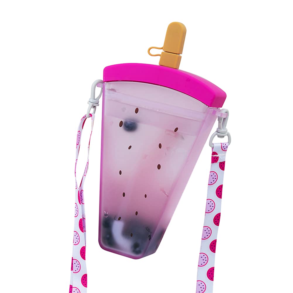 Creative Dragon Fruit Straw Water Bottle Plastic Water Bottle Cute Ice Cream Shape Water Cup Anti-Fall Water Jug Kawaii Juice Cup with Adjustable Shoulder Strap Universal for Adult Children, 320ml