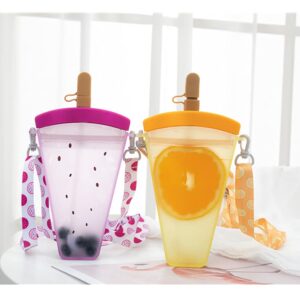 Creative Dragon Fruit Straw Water Bottle Plastic Water Bottle Cute Ice Cream Shape Water Cup Anti-Fall Water Jug Kawaii Juice Cup with Adjustable Shoulder Strap Universal for Adult Children, 320ml