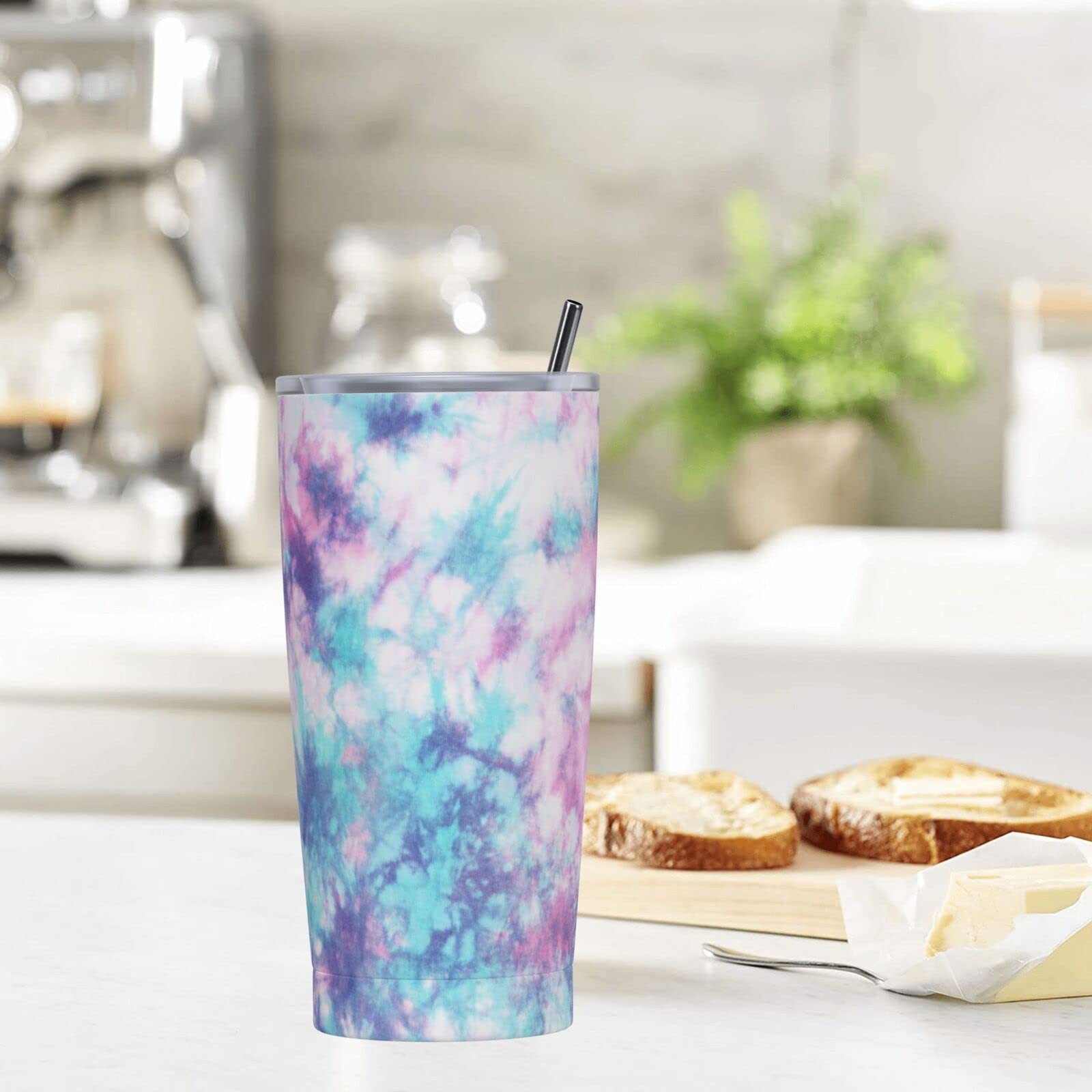 Dujiea 20oz Tumbler With Lid And Straw, Pastel Blue Pink Tie Dye Vacuum Insulated Iced Coffee Mug Reusable Travel Cup Stainless Steel Water Bottle