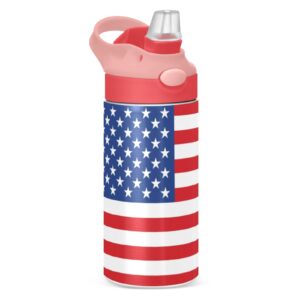 kigai american flag kids water bottle, insulated stainless steel water bottles with straw lid, 12 oz bpa-free leakproof duck mouth thermos for boys girls