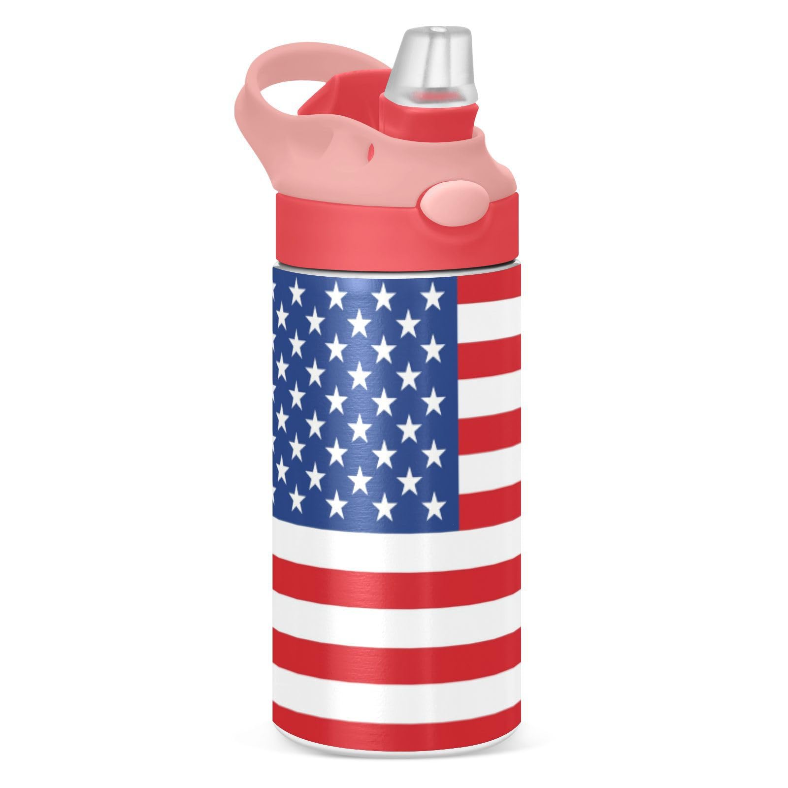 Kigai American Flag Kids Water Bottle, Insulated Stainless Steel Water Bottles with Straw Lid, 12 oz BPA-Free Leakproof Duck Mouth Thermos for Boys Girls