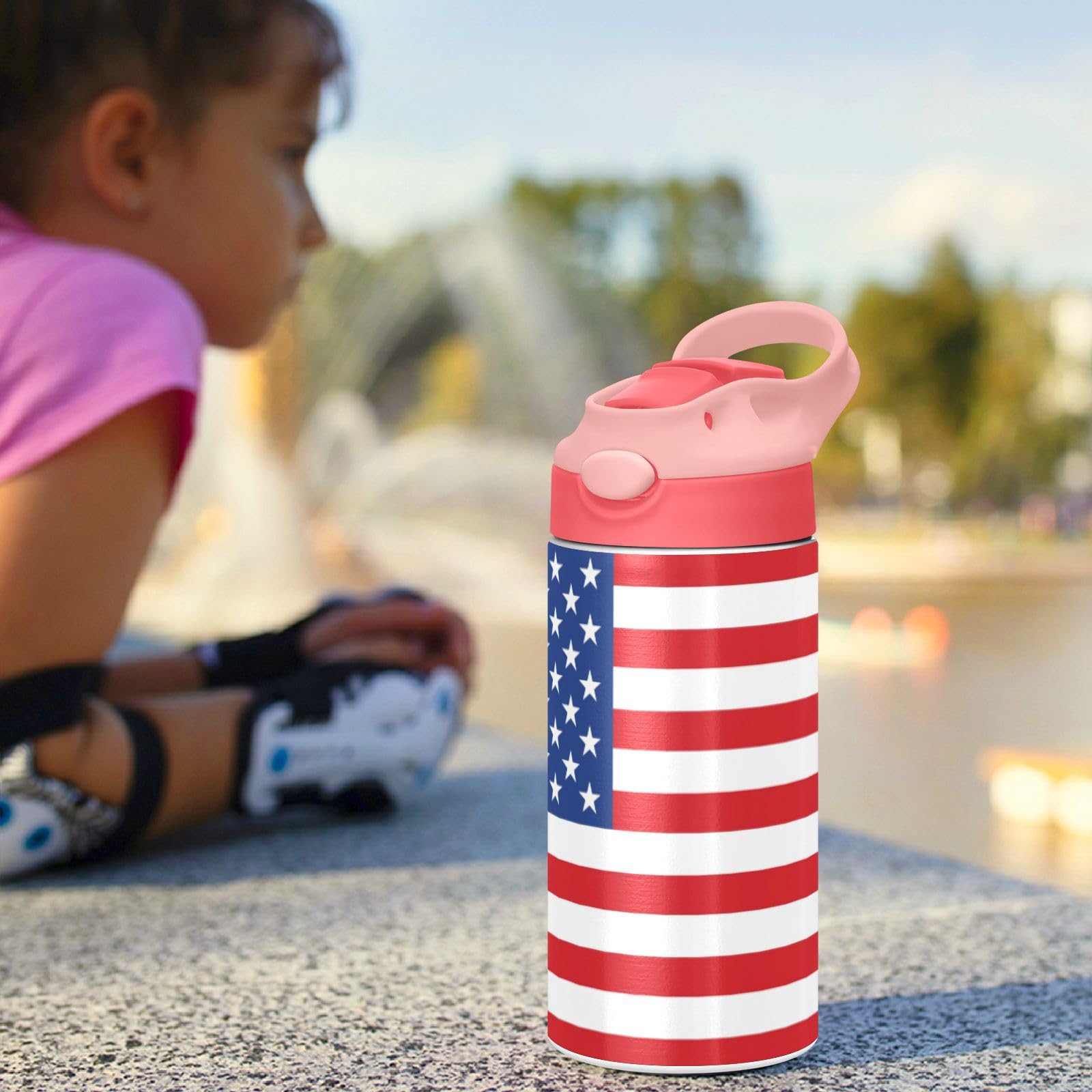 Kigai American Flag Kids Water Bottle, Insulated Stainless Steel Water Bottles with Straw Lid, 12 oz BPA-Free Leakproof Duck Mouth Thermos for Boys Girls