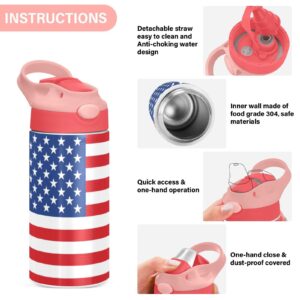 Kigai American Flag Kids Water Bottle, Insulated Stainless Steel Water Bottles with Straw Lid, 12 oz BPA-Free Leakproof Duck Mouth Thermos for Boys Girls