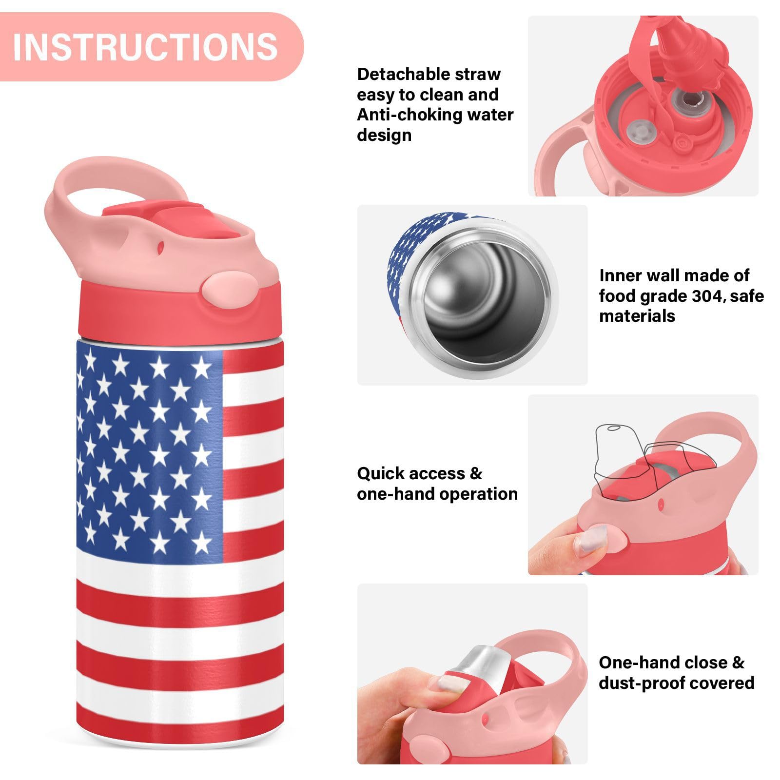 Kigai American Flag Kids Water Bottle, Insulated Stainless Steel Water Bottles with Straw Lid, 12 oz BPA-Free Leakproof Duck Mouth Thermos for Boys Girls