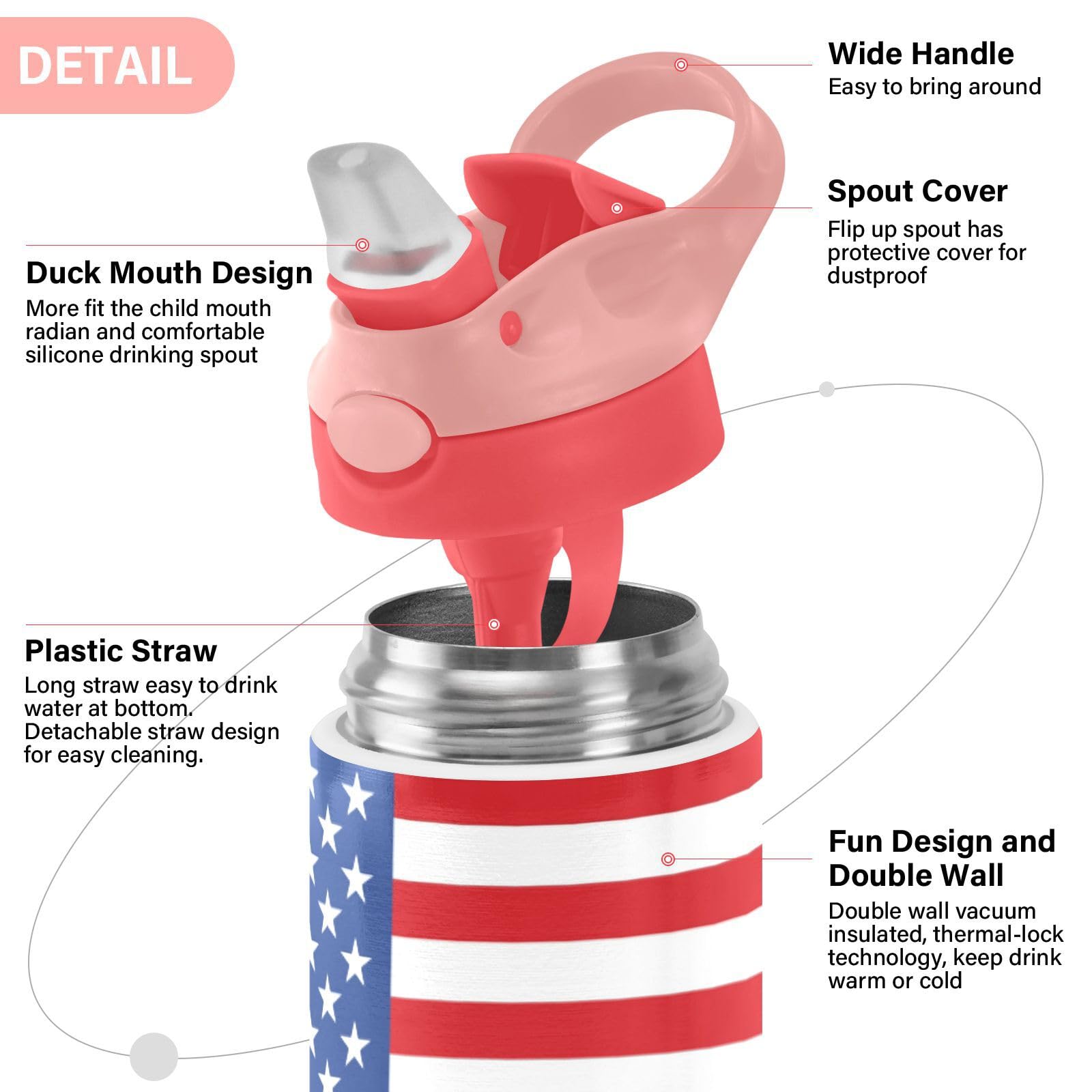 Kigai American Flag Kids Water Bottle, Insulated Stainless Steel Water Bottles with Straw Lid, 12 oz BPA-Free Leakproof Duck Mouth Thermos for Boys Girls