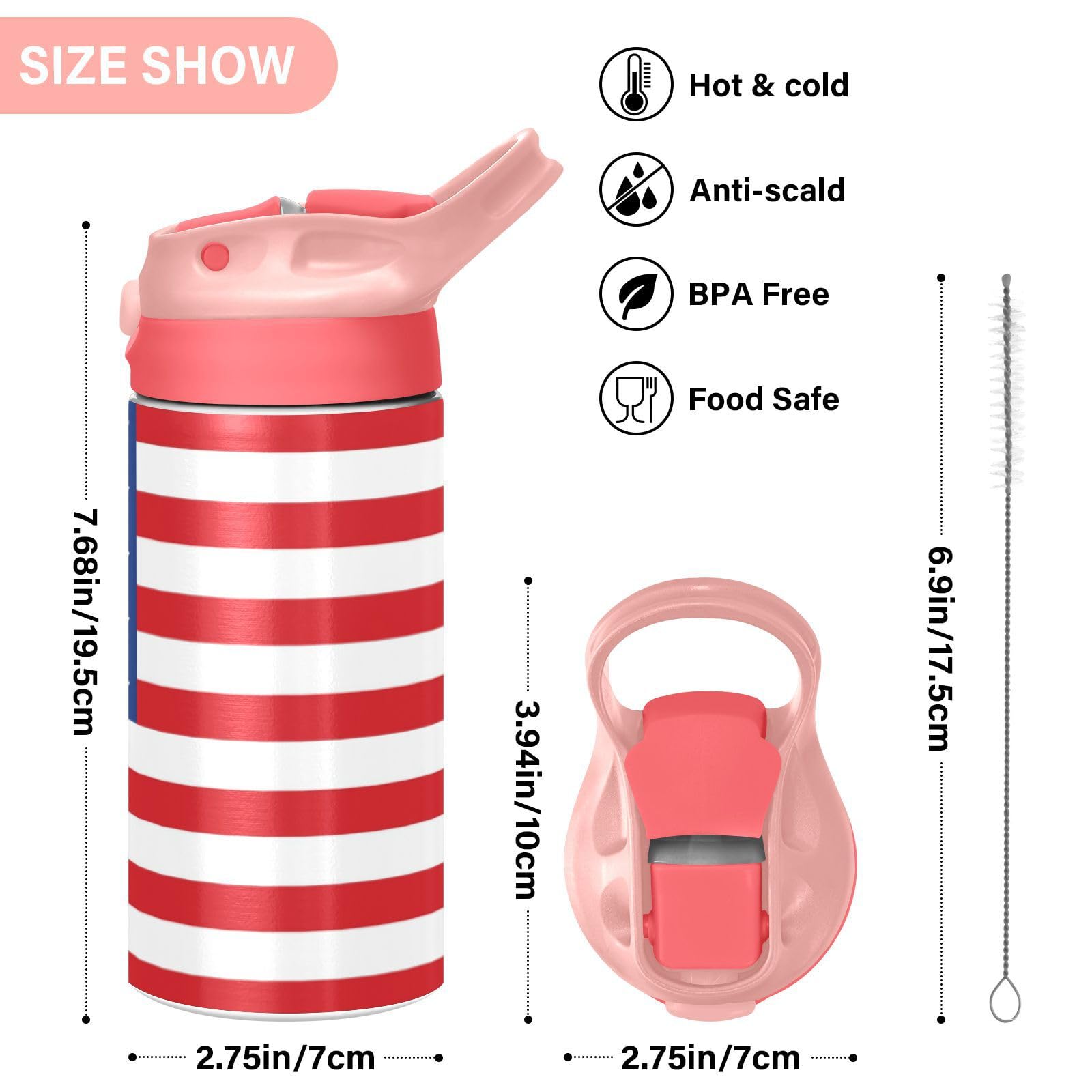 Kigai American Flag Kids Water Bottle, Insulated Stainless Steel Water Bottles with Straw Lid, 12 oz BPA-Free Leakproof Duck Mouth Thermos for Boys Girls