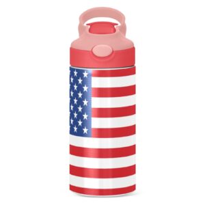 Kigai American Flag Kids Water Bottle, Insulated Stainless Steel Water Bottles with Straw Lid, 12 oz BPA-Free Leakproof Duck Mouth Thermos for Boys Girls