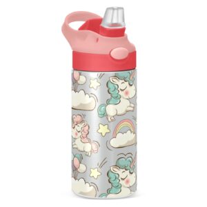 GOODOLD Cute Rainbow Unicorn Kids Water Bottle, Insulated Stainless Steel Water Bottles with Straw Lid, 12 oz BPA-Free Leakproof Duck Mouth Thermos for Boys Girls