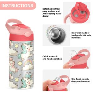 GOODOLD Cute Rainbow Unicorn Kids Water Bottle, Insulated Stainless Steel Water Bottles with Straw Lid, 12 oz BPA-Free Leakproof Duck Mouth Thermos for Boys Girls