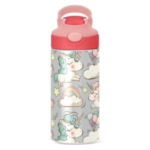 GOODOLD Cute Rainbow Unicorn Kids Water Bottle, Insulated Stainless Steel Water Bottles with Straw Lid, 12 oz BPA-Free Leakproof Duck Mouth Thermos for Boys Girls