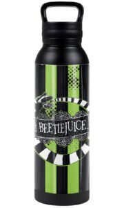 beetlejuice official beetle worm 24 oz insulated canteen water bottle, leak resistant, vacuum insulated stainless steel with loop cap, black