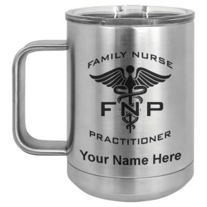 lasergram 15oz vacuum insulated coffee mug, fnp family nurse practitioner, personalized engraving included (stainless steel)