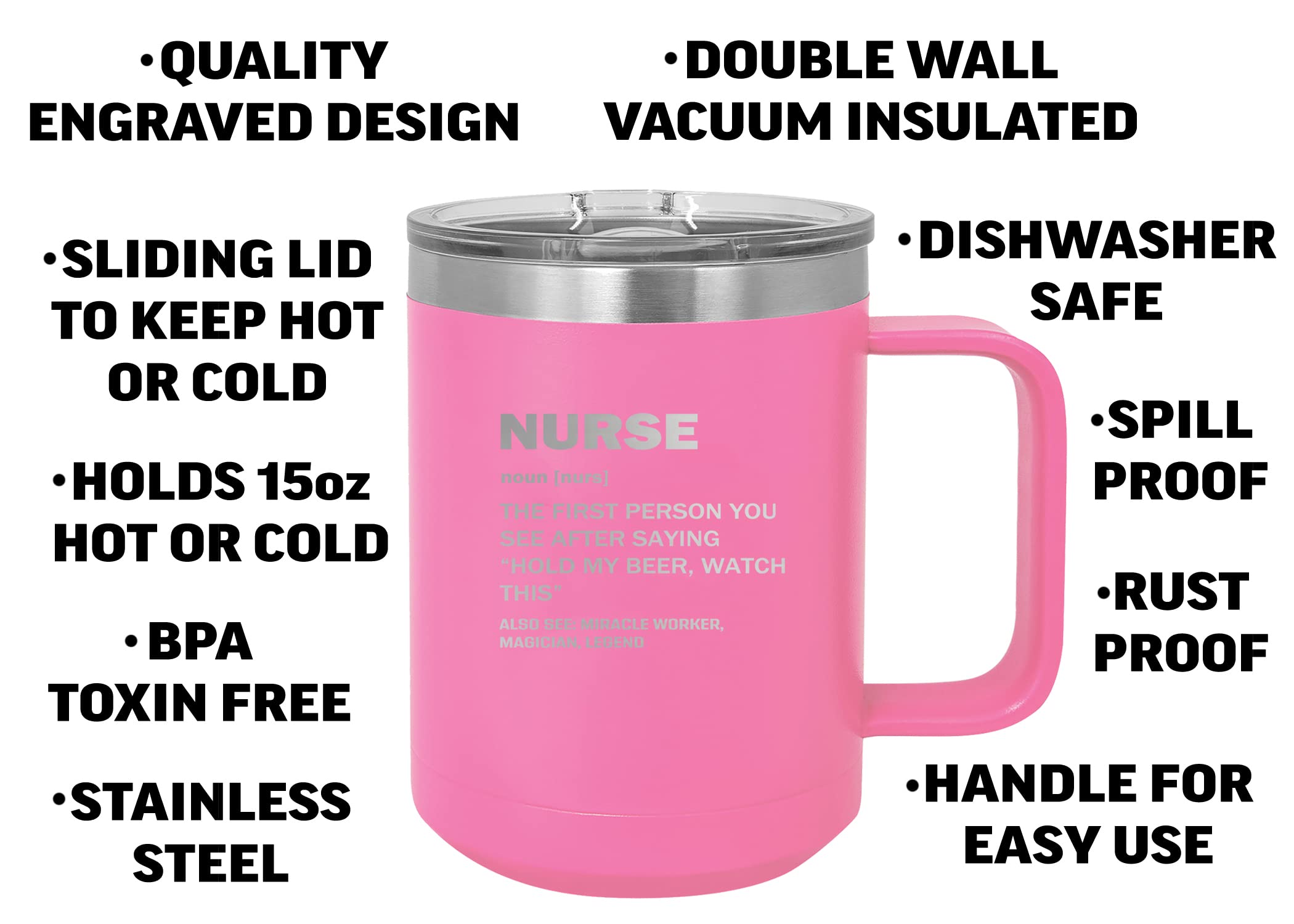 Rogue River Tactical Funny Nurse Noun Stainless Steel Coffee Mug Travel Tumbler With Lid Novelty Cup Great Gag Gift Idea RN CNA Psych Tech Pink