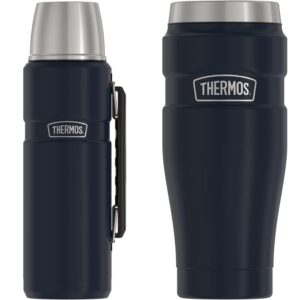thermos stainless king vacuum-insulated beverage bottle, 40 ounce, midnight blue and thermos stainless king 16 ounce travel tumbler, matte blue bundle