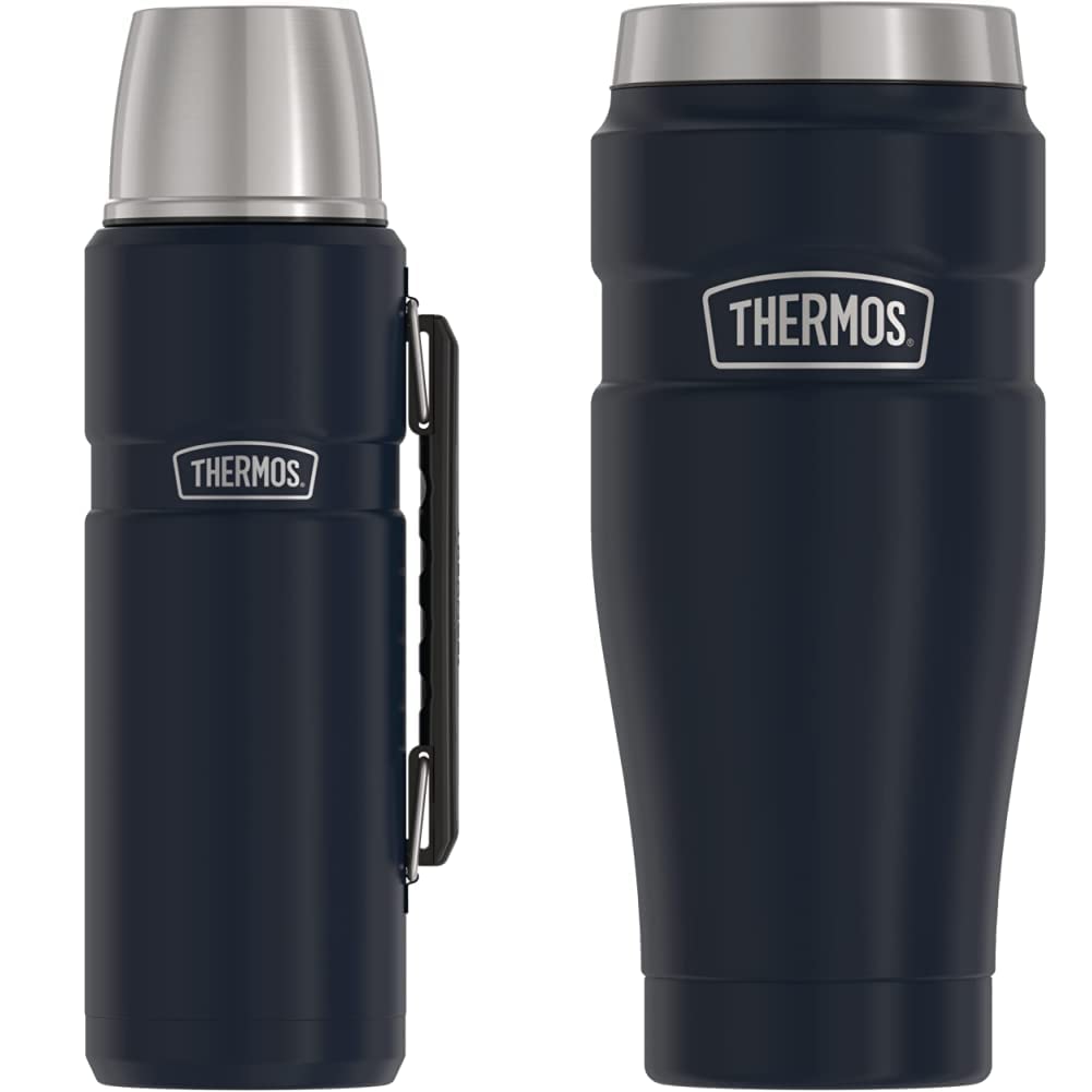 THERMOS Stainless King Vacuum-Insulated Beverage Bottle, 40 Ounce, Midnight Blue and THERMOS Stainless King 16 Ounce Travel Tumbler, Matte Blue Bundle