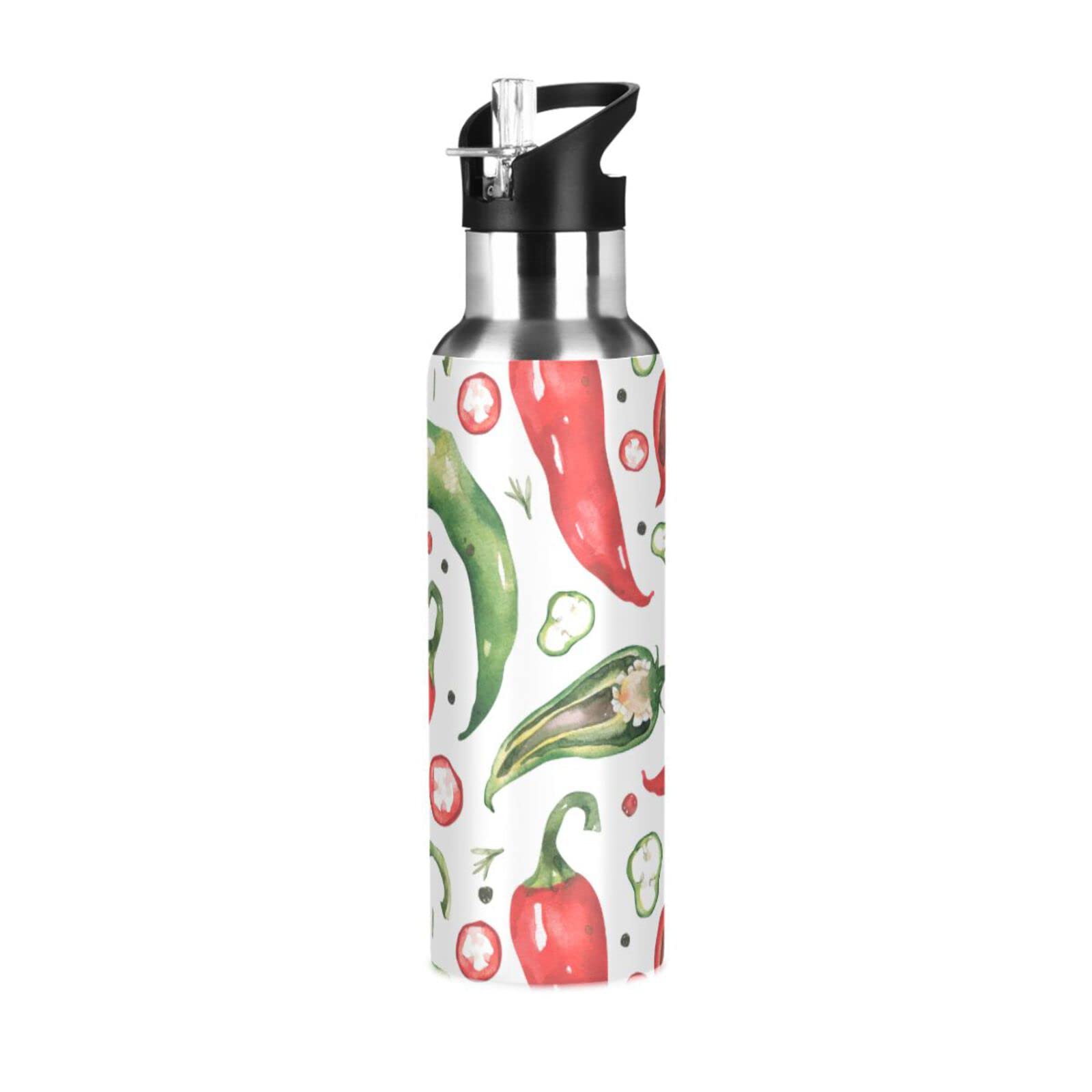 Chilli Hot Pepper Insulated Water Bottle with Straw Lid Stainless Steel Vacuum Bottles with Handle for Hot & Cold Drinks 20 oz BAP-Free