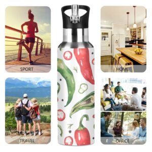 Chilli Hot Pepper Insulated Water Bottle with Straw Lid Stainless Steel Vacuum Bottles with Handle for Hot & Cold Drinks 20 oz BAP-Free