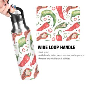 Chilli Hot Pepper Insulated Water Bottle with Straw Lid Stainless Steel Vacuum Bottles with Handle for Hot & Cold Drinks 20 oz BAP-Free