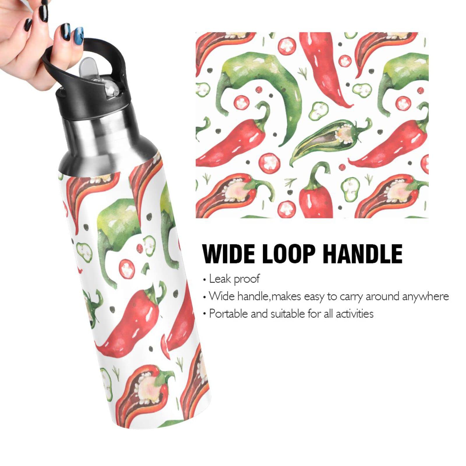 Chilli Hot Pepper Insulated Water Bottle with Straw Lid Stainless Steel Vacuum Bottles with Handle for Hot & Cold Drinks 20 oz BAP-Free